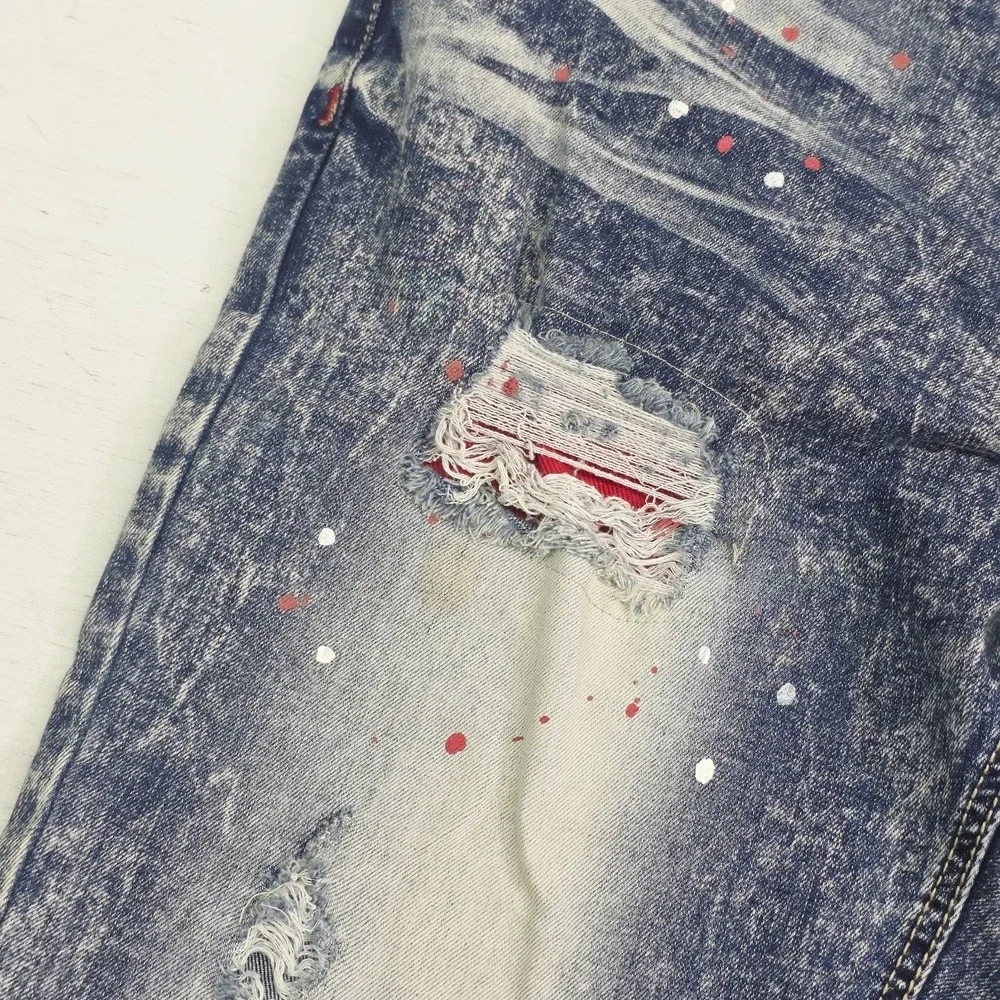 Makobi Biker Jeans Men's Size 36x32 Acid Wash Distressed Paint Splatter Moto